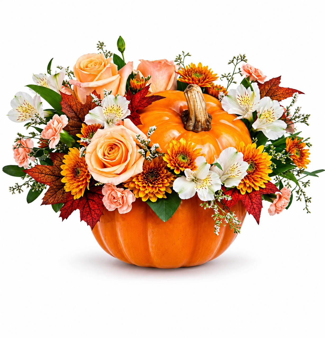 Pumpkin centerpiece with peach roses, white alstroemeria, and orange mums