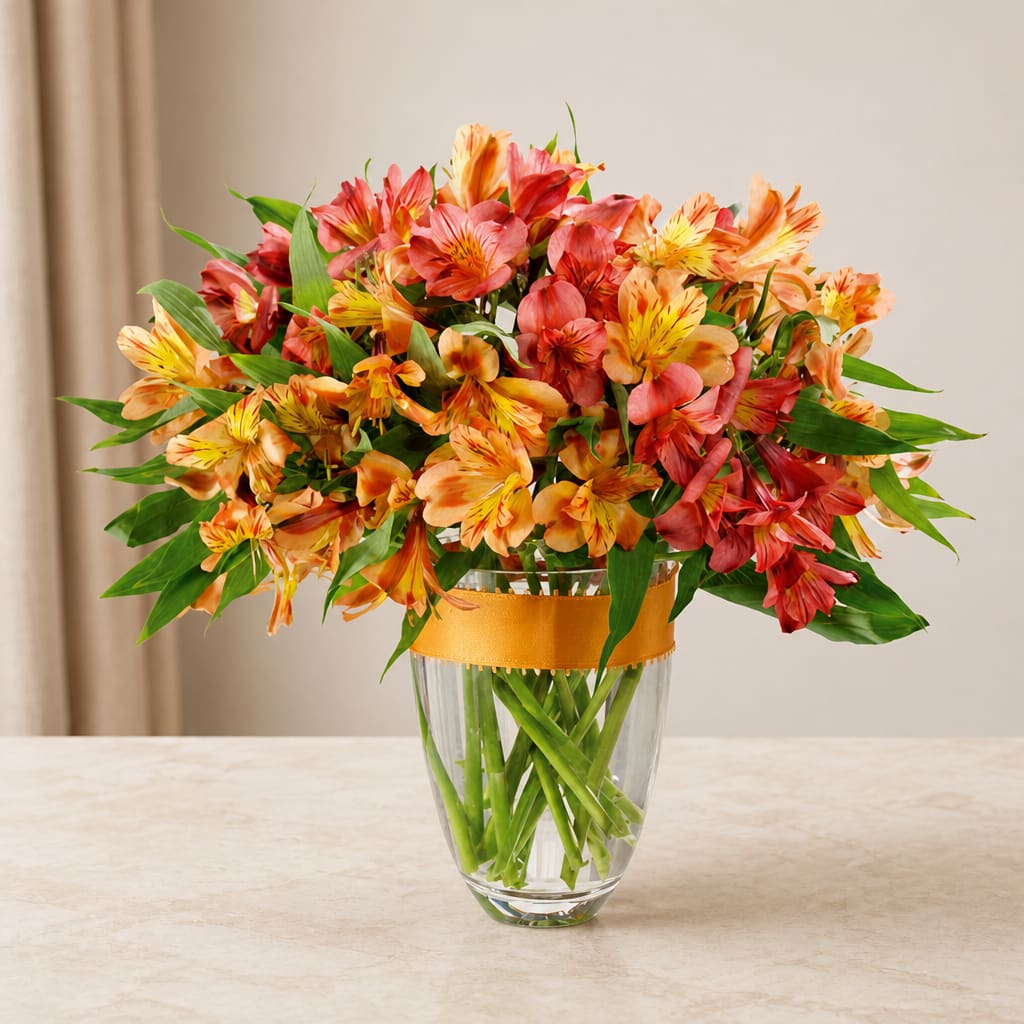 Orange and red alstroemeria bouquet in a clear glass vase