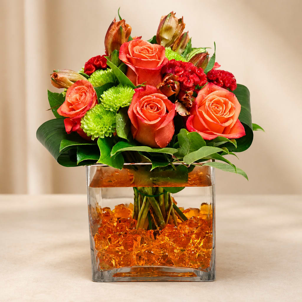 Orange roses and red flowers arranged in a square glass vase