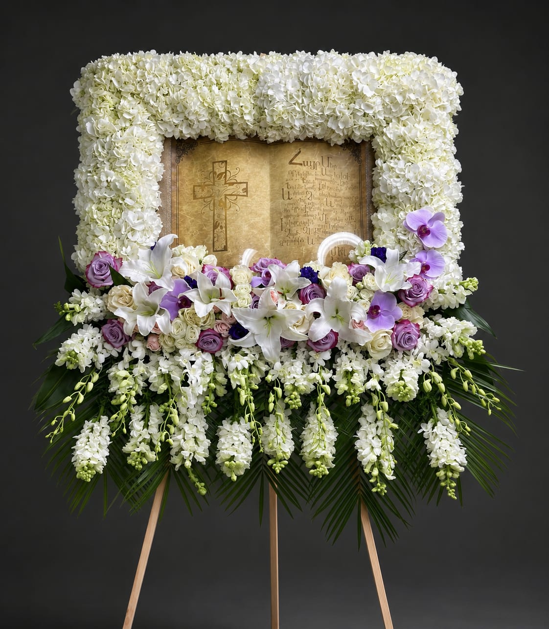 The Lord's Prayer Memorial Arrangement - A meaningful standing memorial arrangement featuring a white floral frame surrounding an Armenian prayer centerpiece. Designed with white hydrangeas, lilies, orchids, roses, cascading blooms, and graceful greenery, this tribute beautifully expresses faith, remembrance, peace, and heartfelt sympathy.