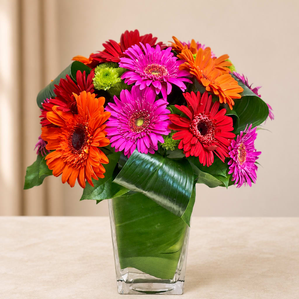 Colorful gerbera daisy bouquet in a clear glass vase