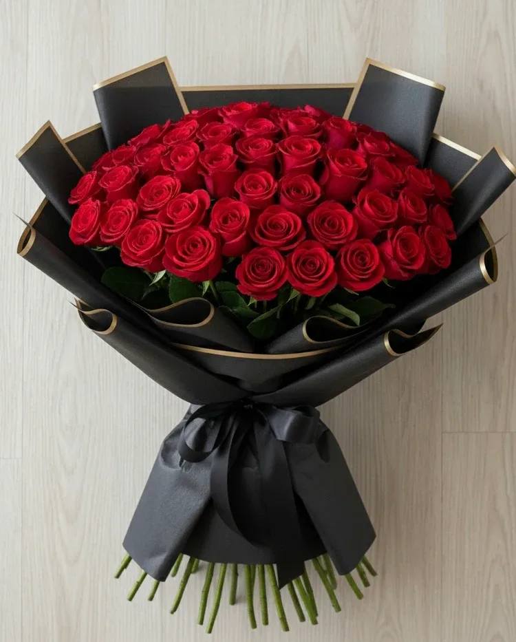 50 Long-Stem Red Rose Bouquet - A bold, romantic statement: fifty long-stem red roses gathered into a dense, rounded bouquet that reads classic and luxurious. This long-stem red rose bouquet is perfect for anniversaries, Valentine's Day, or any occasion when you want the person you're thinking of to feel deeply cherished-the vivid red blooms and formal silhouette say "I love you" with unmistakable clarity.  The arrangement features a tight dome of bright red roses wrapped in matte black paper with gold edging and finished with a black ribbon for high-contrast drama. Long stems extend below the wrap, preserving the hand-tied look and making it easy to place in a tall vase; the rich red petals against the black wrap create a polished, upscale presentation that feels both romantic and refined.  Choose this bouquet to mark milestone moments, surprise a partner, or make a grand apology-she'll feel seen and celebrated the moment it arrives. For best results, trim stems and place in fresh water with flower food; stems are long enough for tall vases and floral stands.