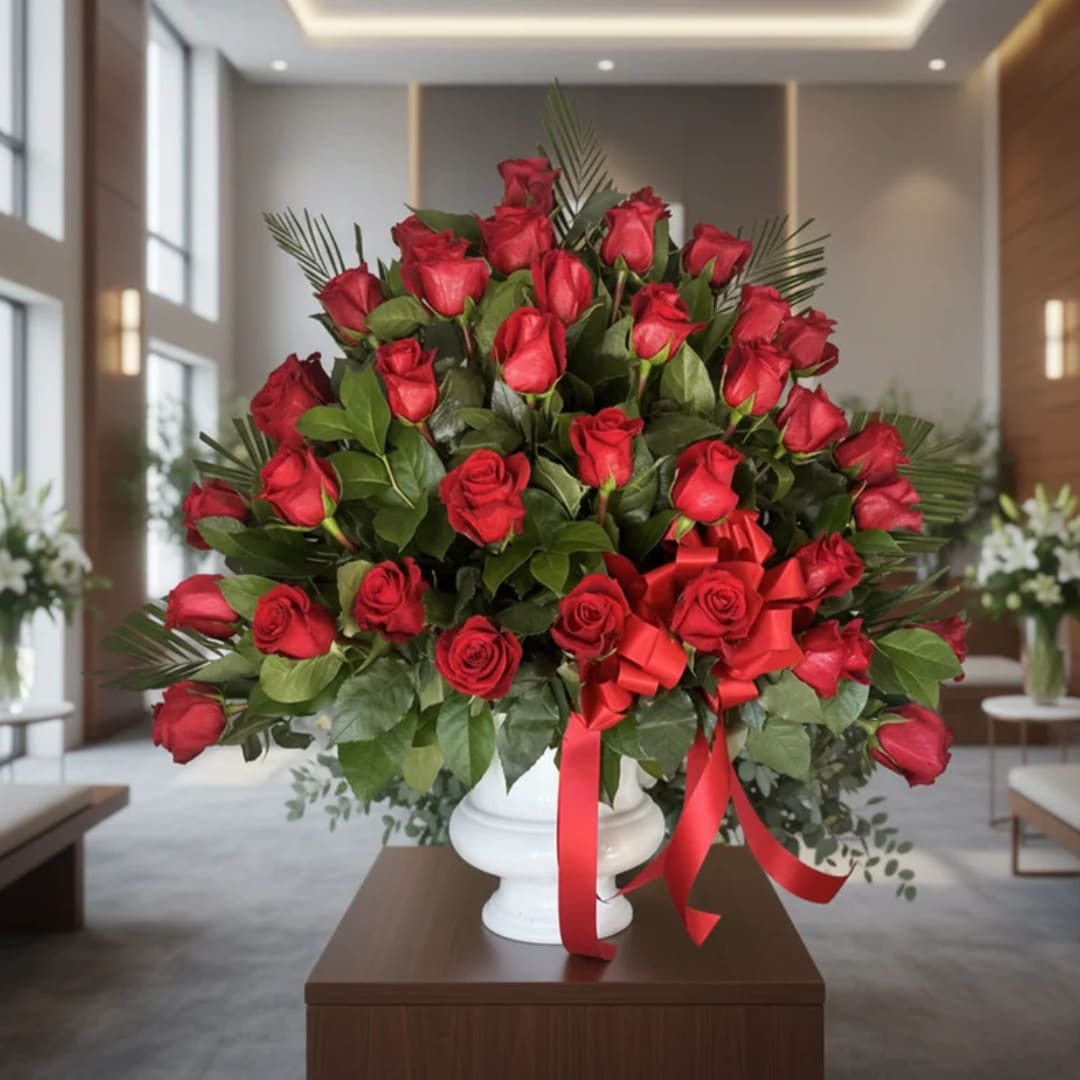 Large bouquet of red roses in a white vase with a red ribbon