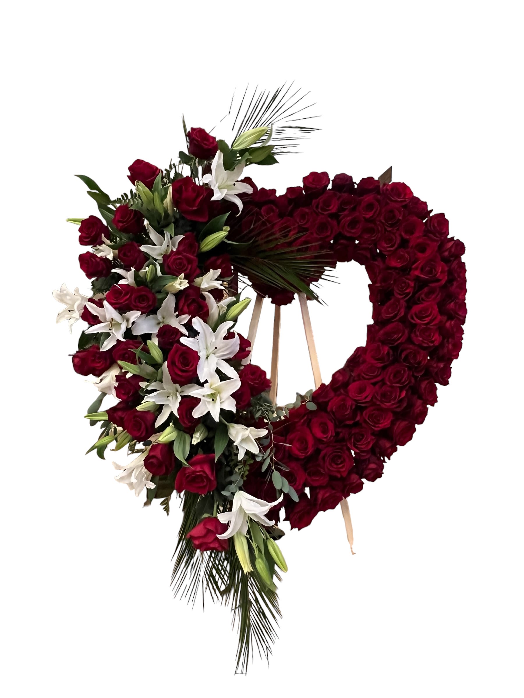 Sympathy Heart - 27 inch sympathy heart with red roses and lily decor 