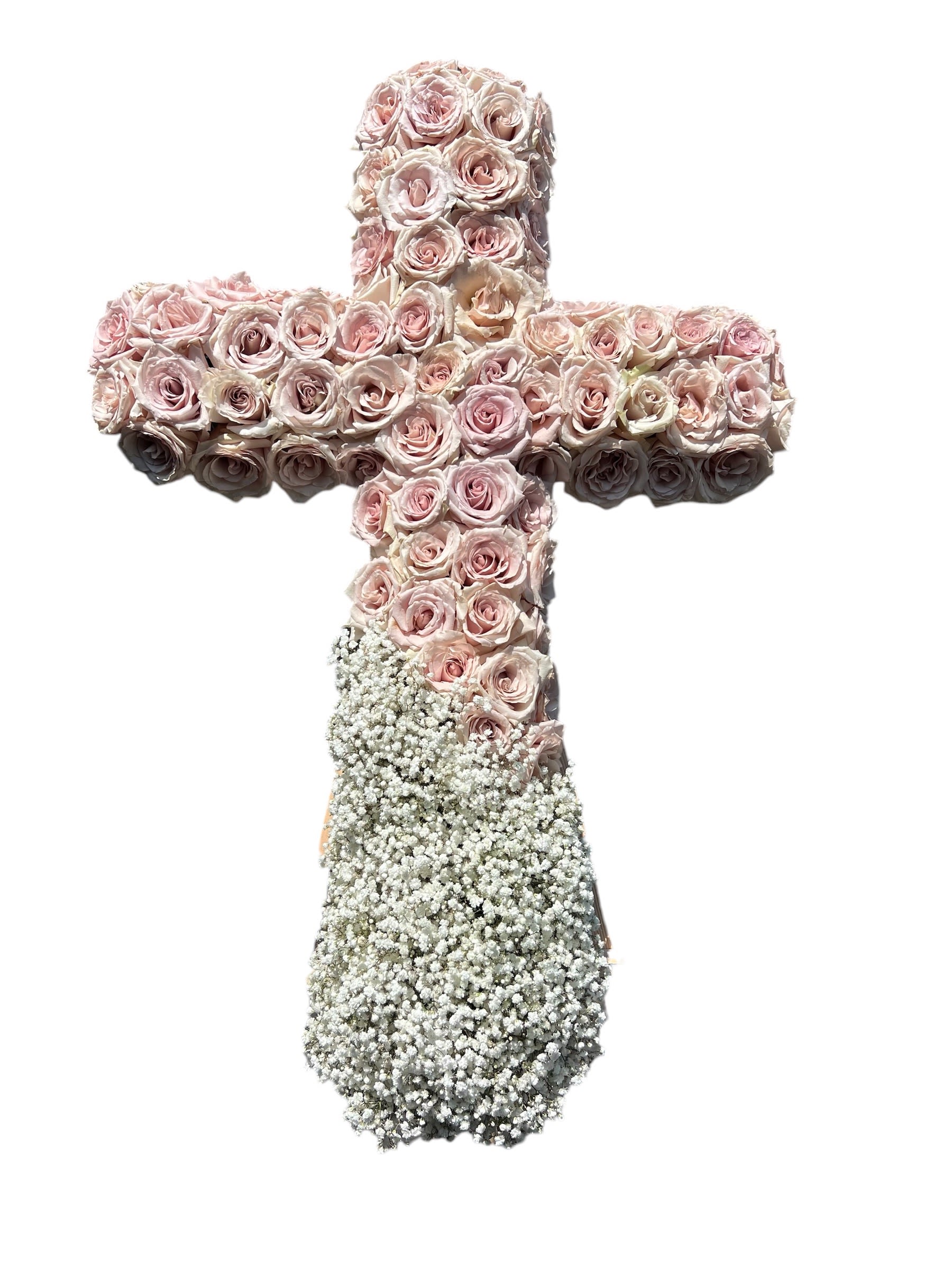 Pastel Sympathy Cross - 36 inch Half Pastel pink roses, half baby’s breath sympathy cross 