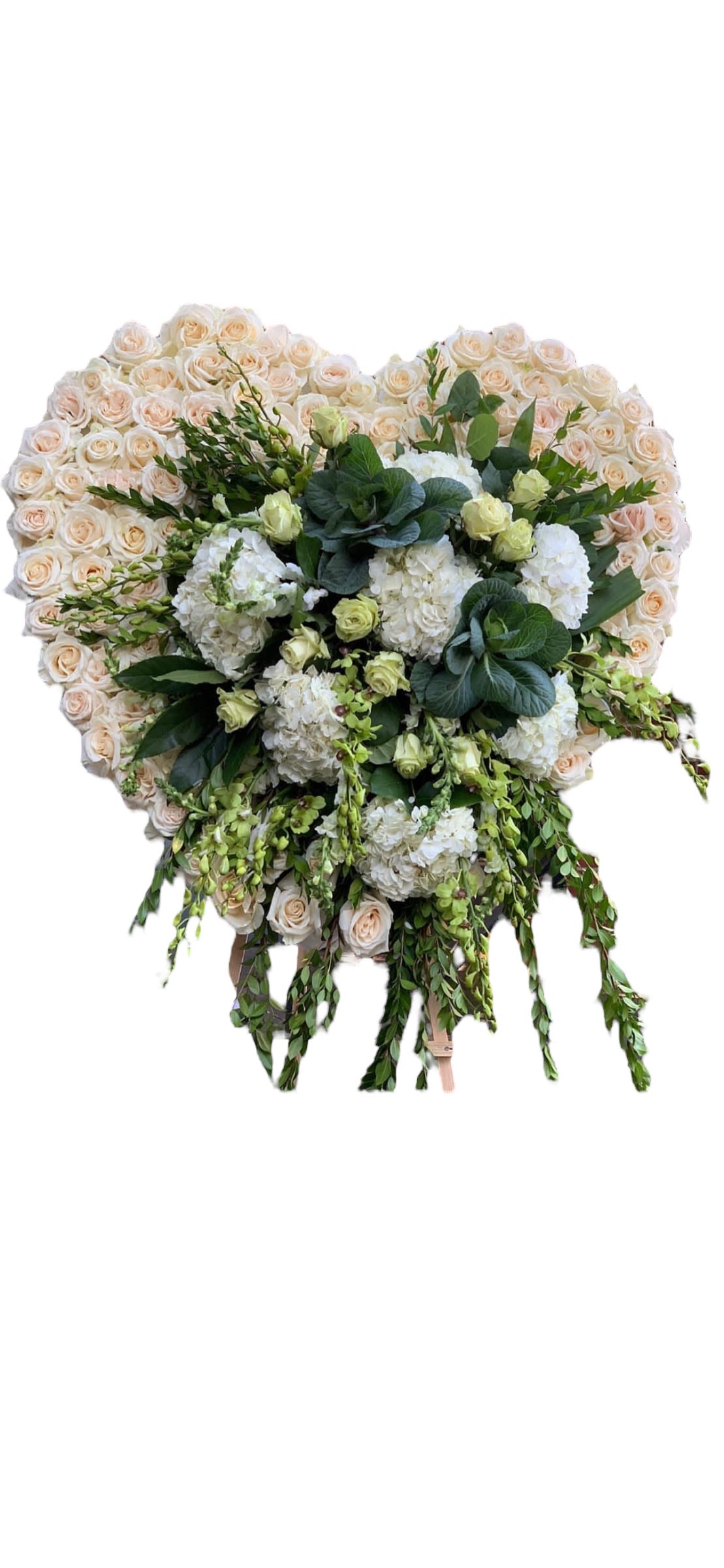 Unique Sympathy Heart - 30 inch white and green sympathy Heart