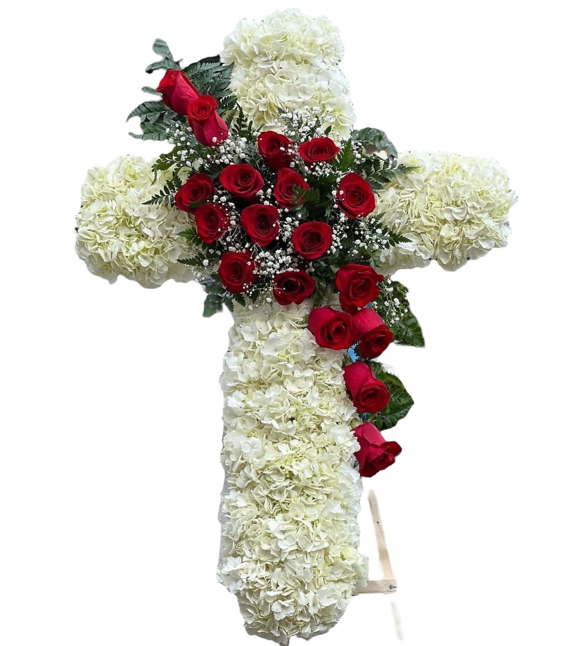 Red Sympathy Cross - 36 inch red rose white hydrangeas sympathy cross 