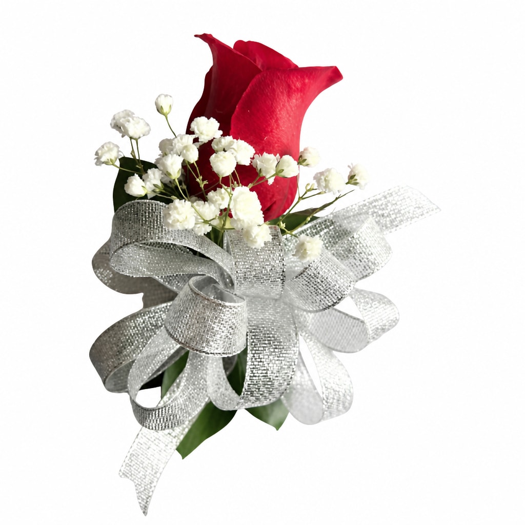 Red calla lily boutonniere with white baby's breath and silver ribbon