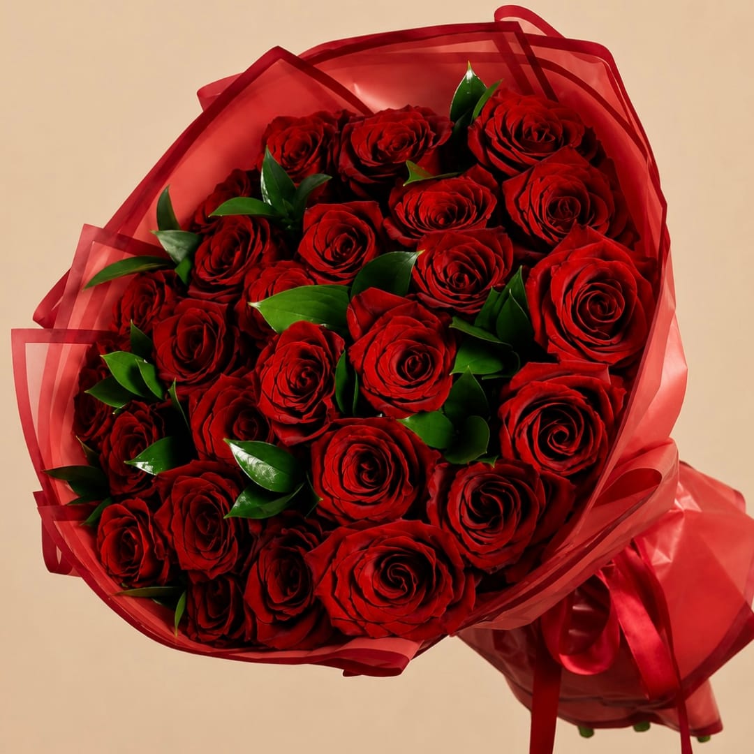 Bouquet of red roses wrapped in red paper with a ribbon