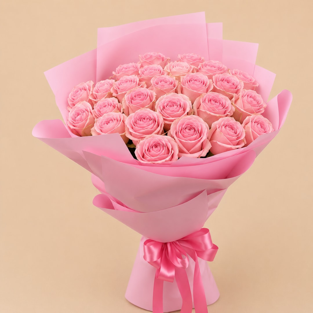 Bouquet of pink roses wrapped in pink paper with a satin ribbon