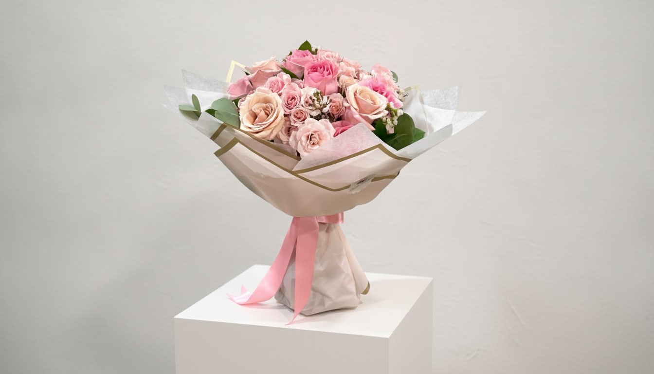 Pink and blush rose bouquet wrapped in pale paper with a pink ribbon