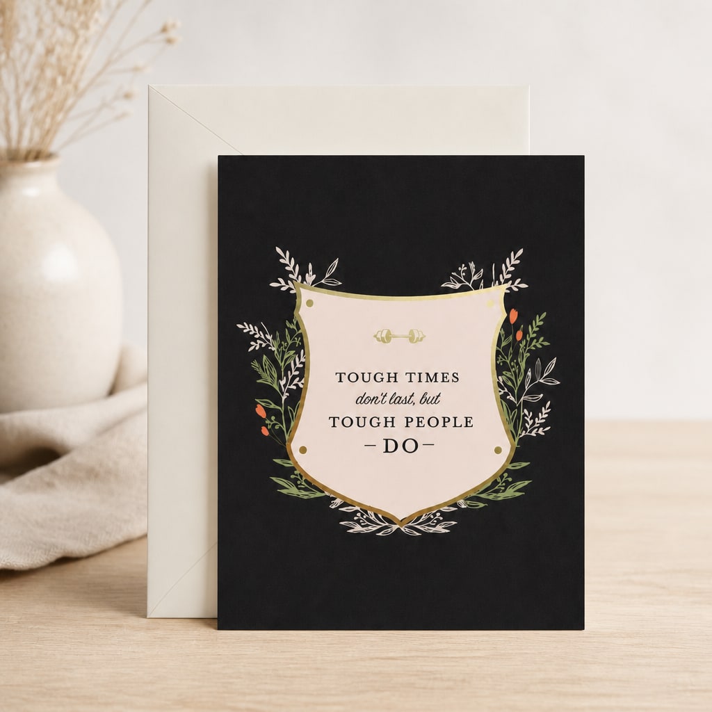 Black greeting card with a motivational quote and floral border, leaning against an envelope