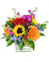 Bright mixed bouquet with sunflower, red rose, and orange gerbera in a clear glass cube vase