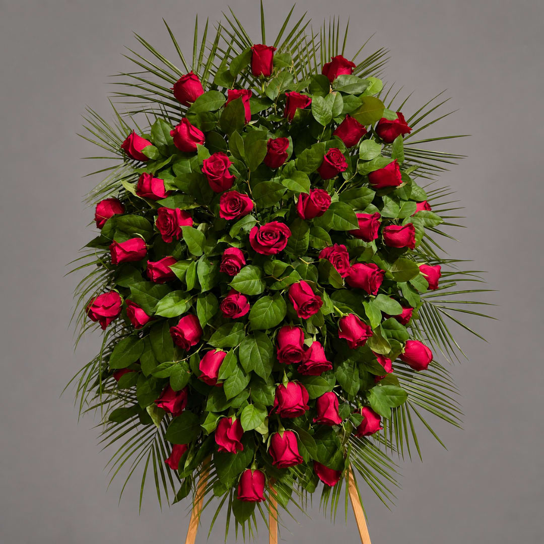 Standing spray of red roses with palm fronds on a gray background