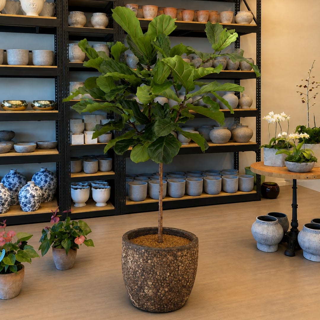 Potted fiddle leaf fig tree in a decorative planter inside a plant shop