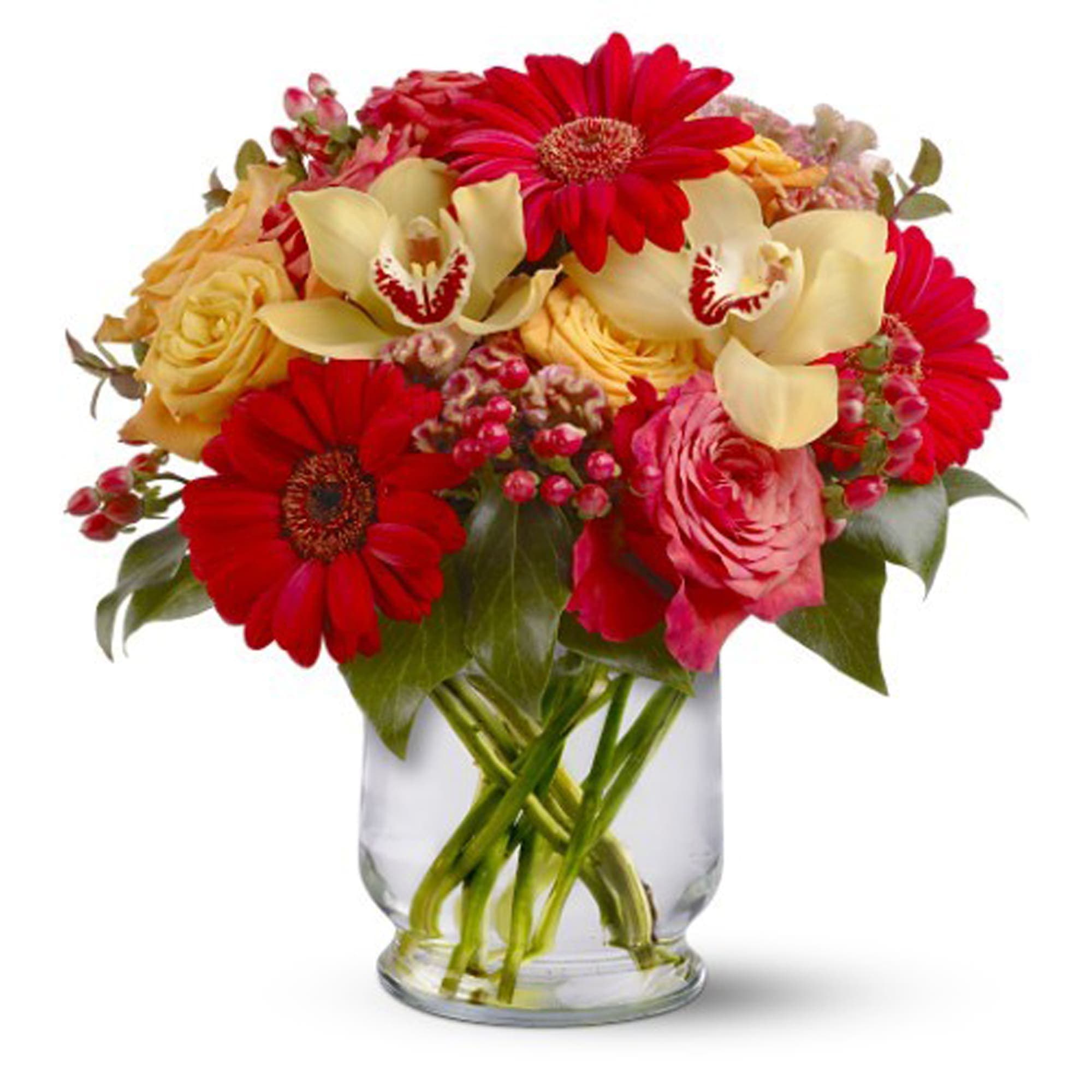 Orchid Orchard - When you dream of luxury, do you think of lush, fragrant roses mixed with exotic, buttery yellow orchids? This artistic bouquet of two of nature's most royal flowers - simply arranged with ruby-red gerberas and hypericum berries in a clear vase - is a classic floral gift for any occasion.  Orange and yellow roses, yellow Cymbidium orchids, red miniature gerberas, hypericum, huckleberry and salal and bronze coxcomb are delivered in a clear glass hurricane vase.  Approximately 9" (W) x 12" (H)  Orientation: All-Around  As Shown : TFWEB241