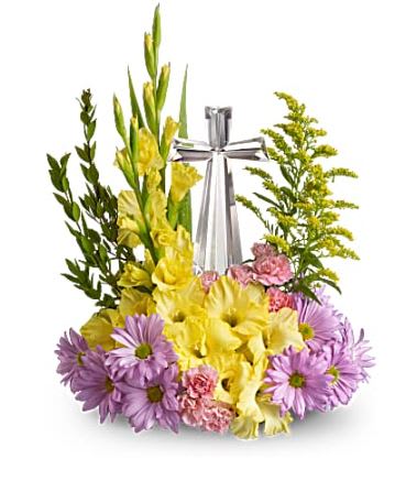 Yellow and purple floral arrangement with a silver ribbon centerpiece