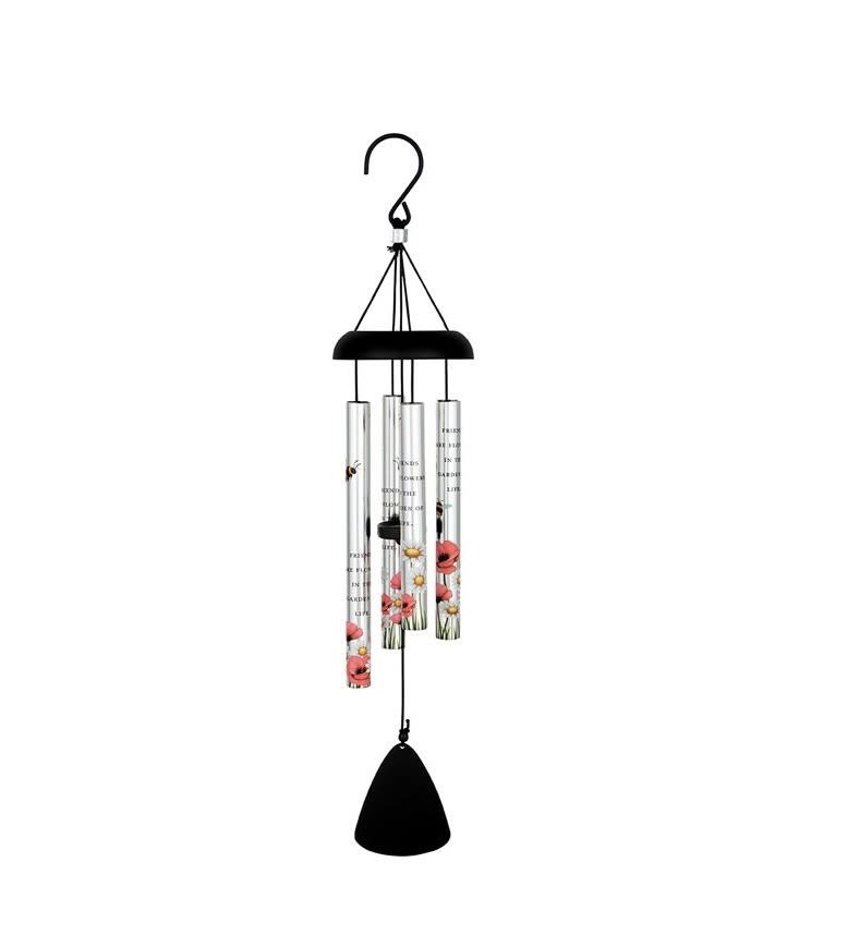 Black hanging wind chime with printed floral tubes and a bell