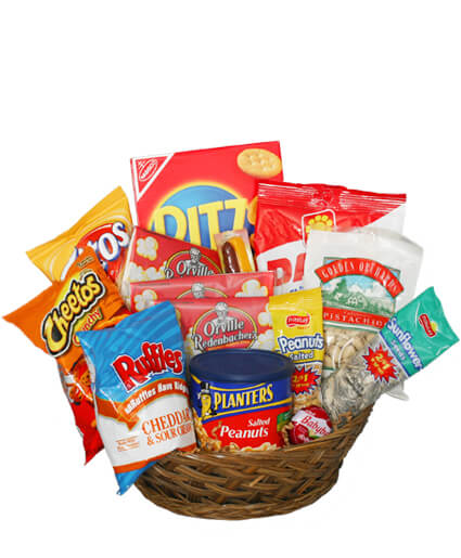 Basket of assorted snack bags and candy packages
