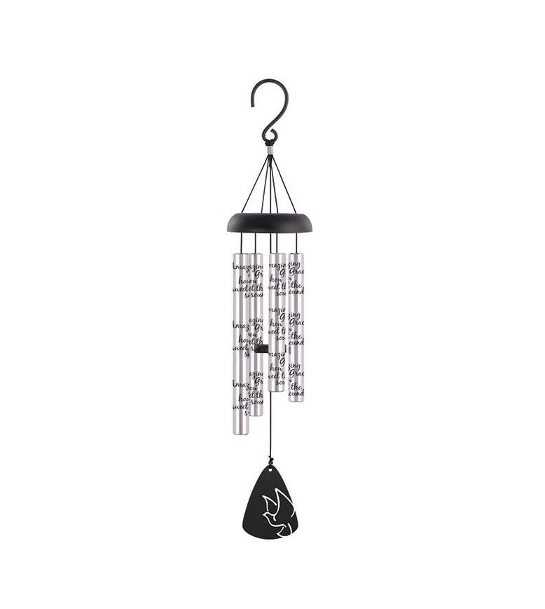 Black and silver wind chime with a dove pendant