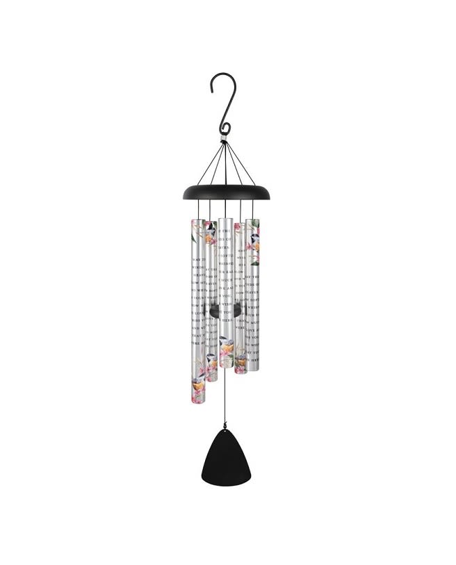 Black hanging wind chime with printed floral tubes and a clapper