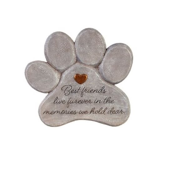 Gray paw-shaped memorial plaque with a small heart accent