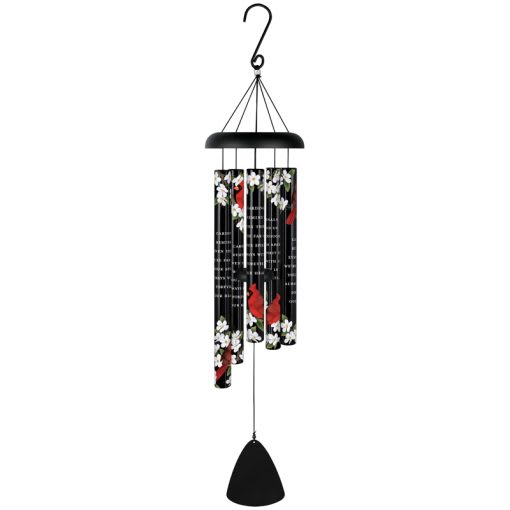 Black wind chime with floral-printed tubes and a hanging clapper