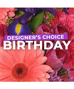 Bright mixed bouquet with pink gerbera daisy, purple iris, and pink blooms with birthday text overlay