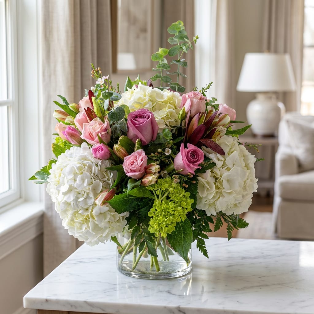 Pink roses and white hydrangeas in a clear glass vase