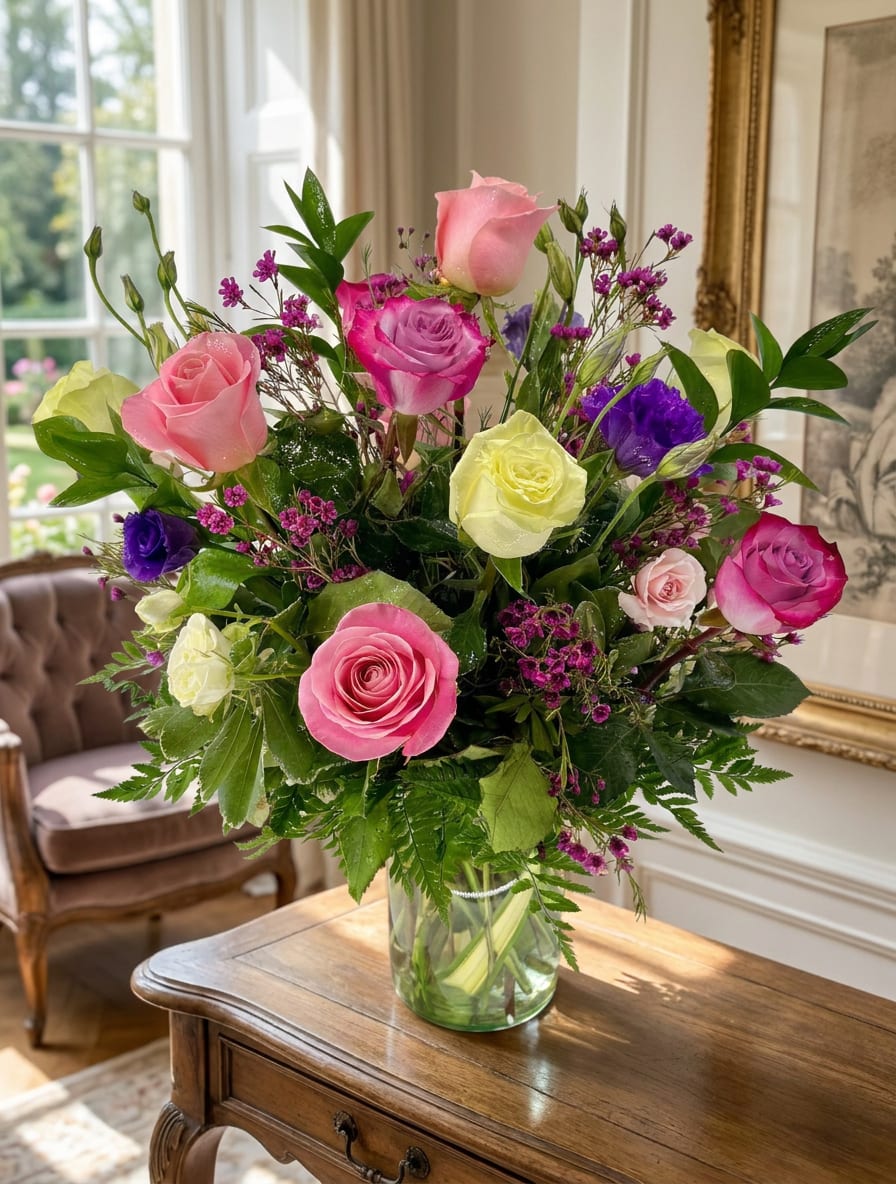 Mixed roses in pink, purple, and yellow arranged in a glass vase