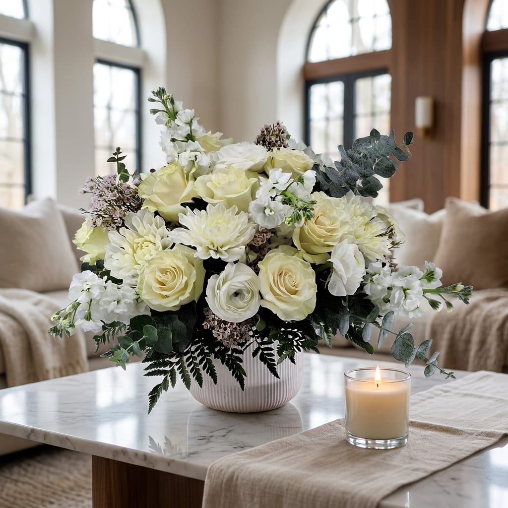 Cream rose and white flower arrangement in a ribbed vase on a table beside a candle