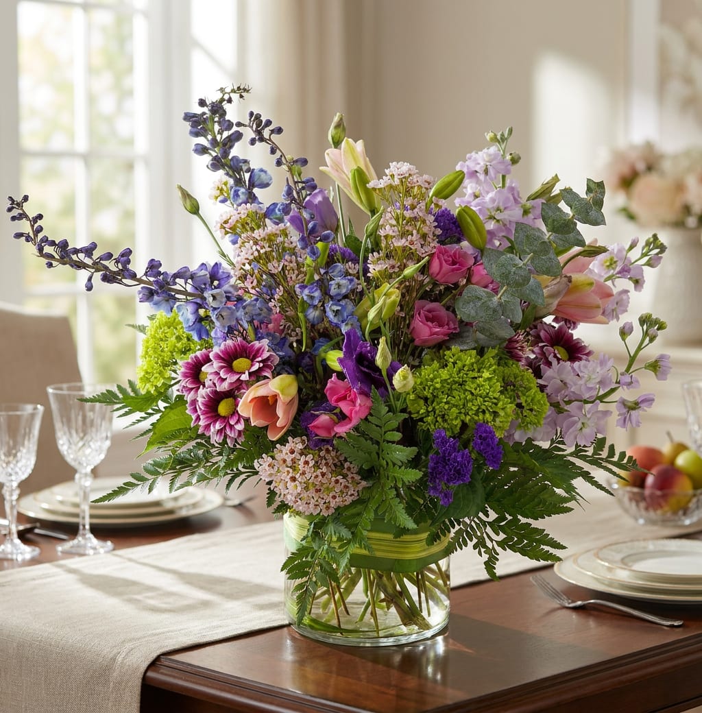Mixed bouquet in a clear glass vase with purple, pink, and green flowers