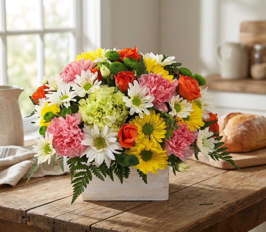 Mixed bouquet of daisies, carnations, roses, and hydrangea in a white box