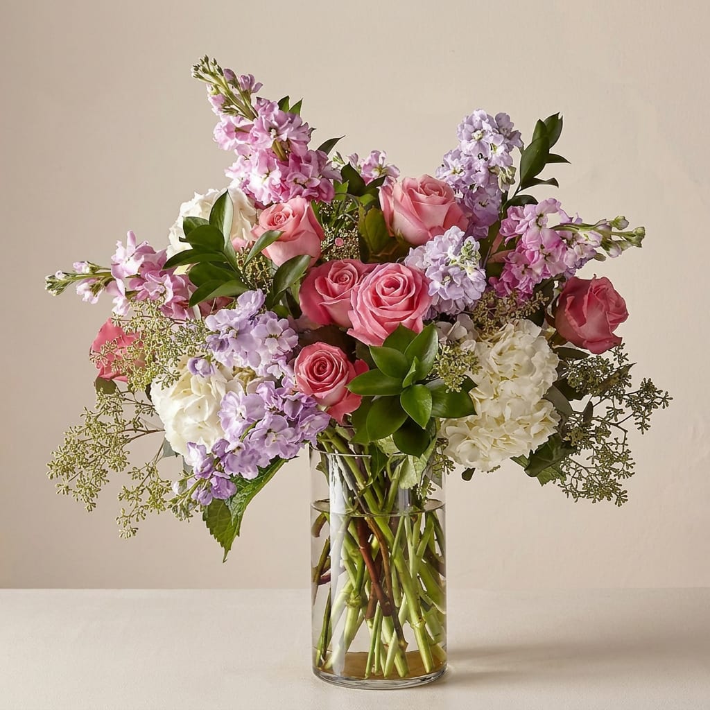 Pink and lavender roses with white blooms in a clear glass vase