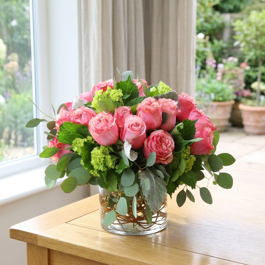 Pink roses arranged in a clear glass vase with green foliage