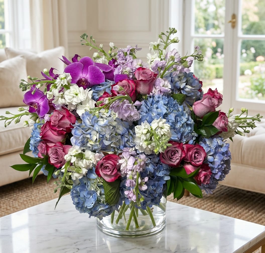 Bouquet of blue hydrangeas, pink roses, and purple orchids in a glass vase