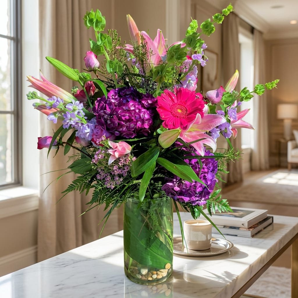 Tall bouquet of pink lilies, purple hydrangeas, and a pink gerbera daisy in a glass vase.