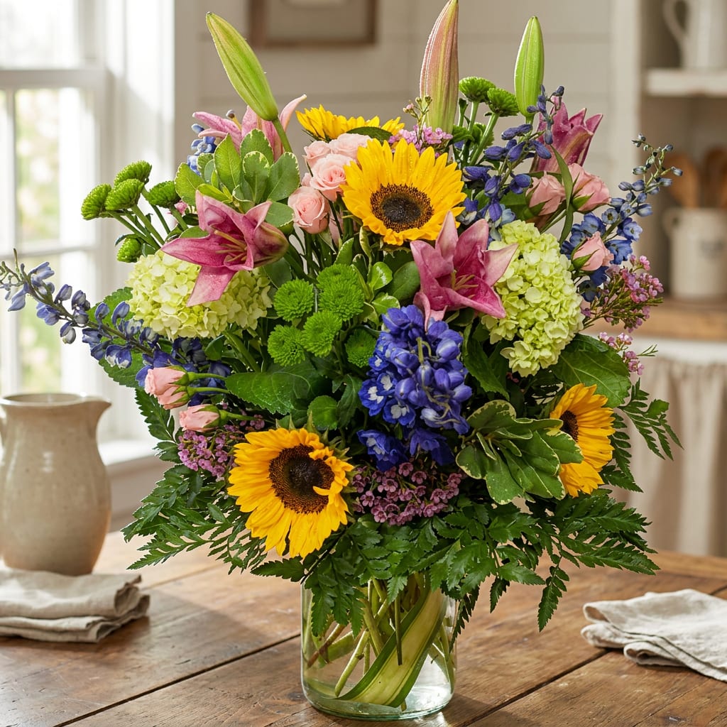 Mixed bouquet with sunflowers, lilies, roses, and blue flowers in a glass vase