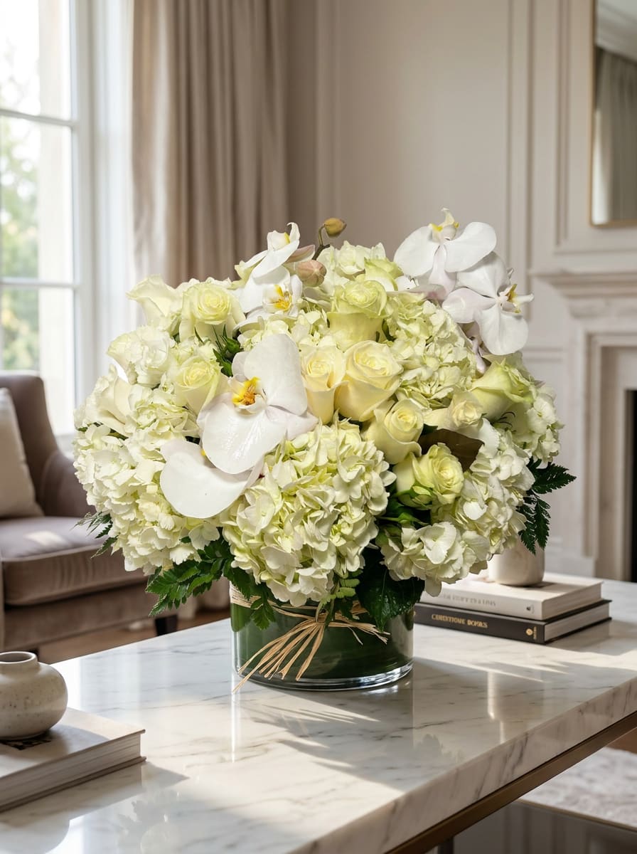 White and pale yellow floral arrangement in a glass vase