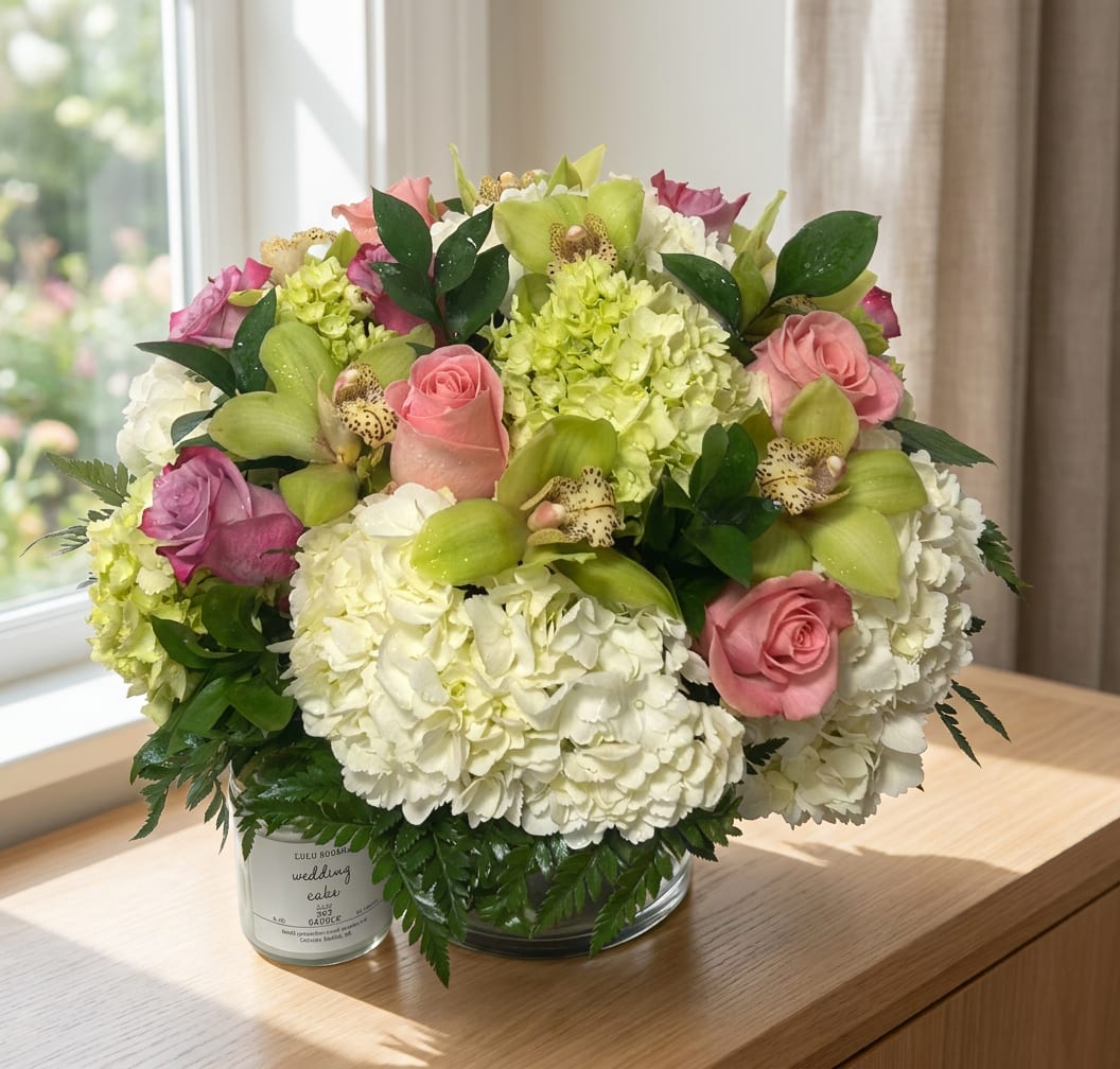 Bouquet of pink roses, white hydrangeas, and green orchids in a glass vase