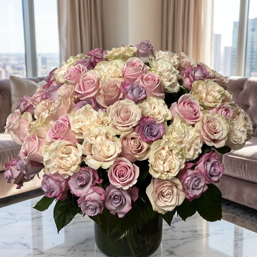 Large bouquet of pink, cream, and lavender roses in a glass vase