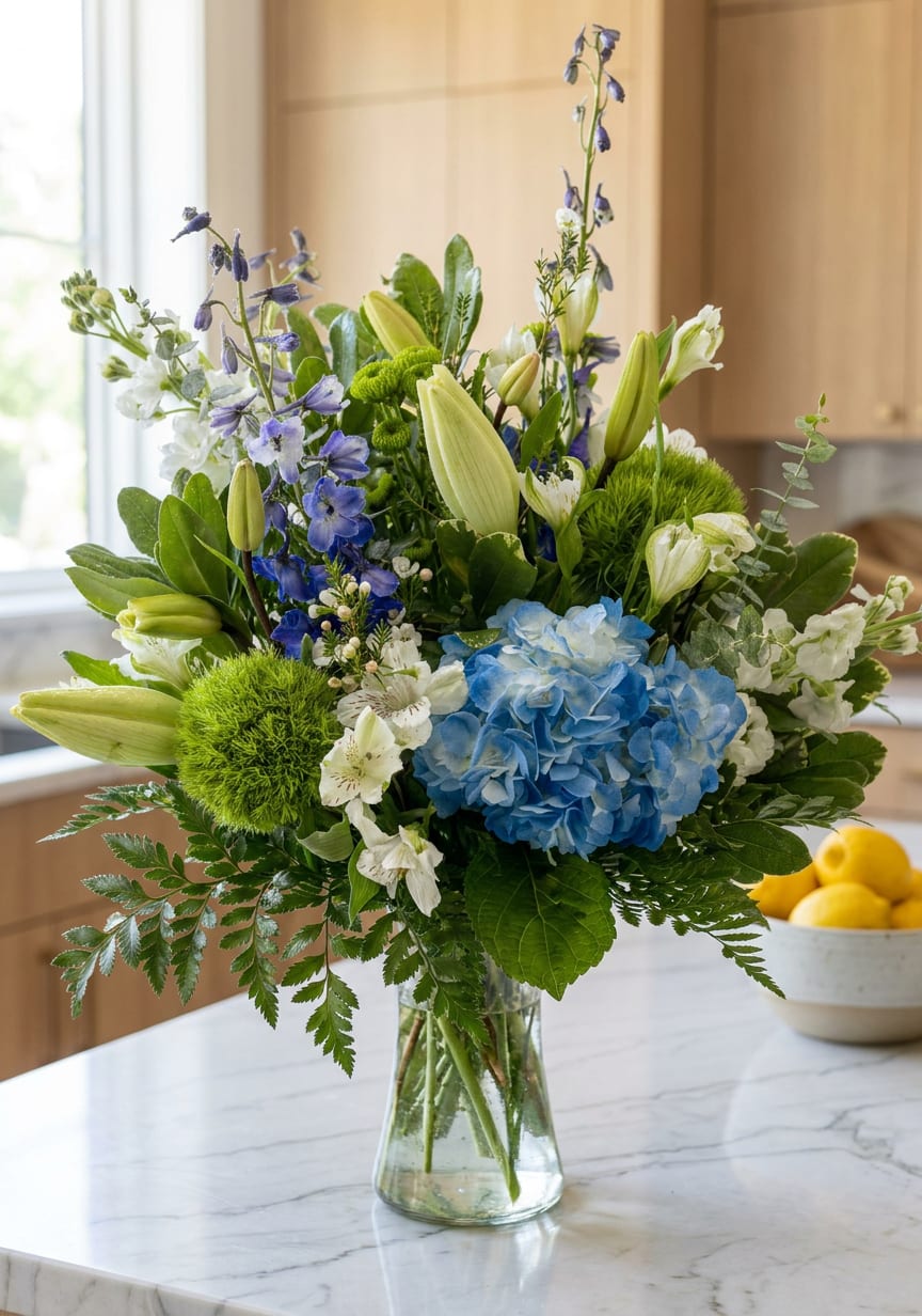 Blue hydrangeas and white lilies in a clear glass vase