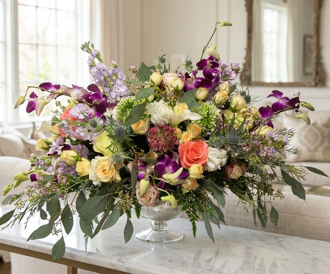 Mixed bouquet of roses, orchids, and lavender flowers in a glass vase