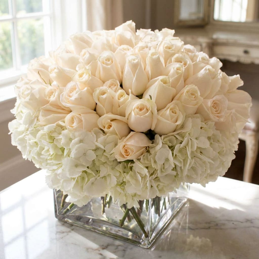 Cream rose bouquet with white hydrangeas in a clear square vase