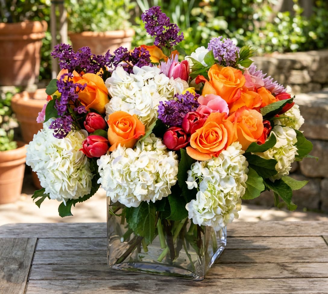 Bouquet of orange roses, white hydrangeas, and purple flowers in a glass vase