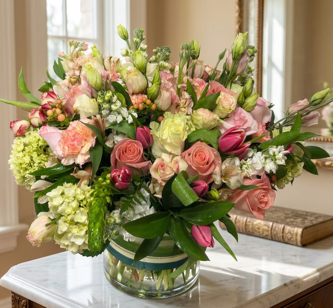 Mixed pink and white flowers arranged in a clear glass vase