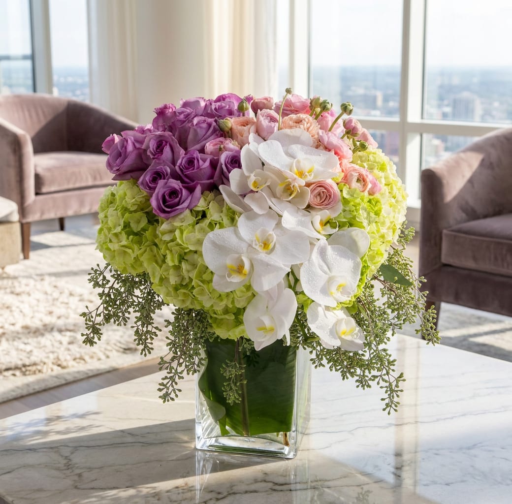 Purple and pink roses with white orchids in a glass vase