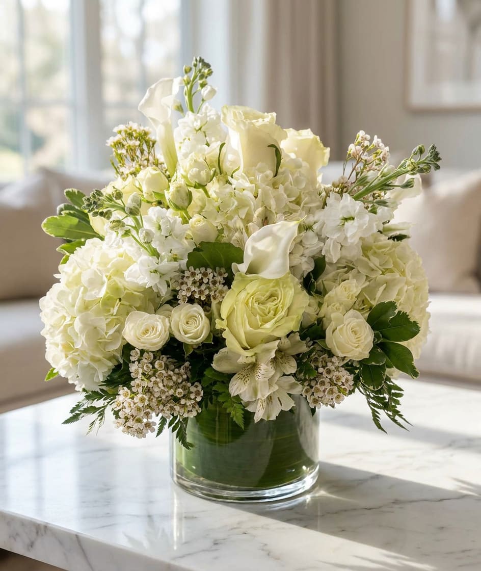 White floral arrangement in a clear glass vase