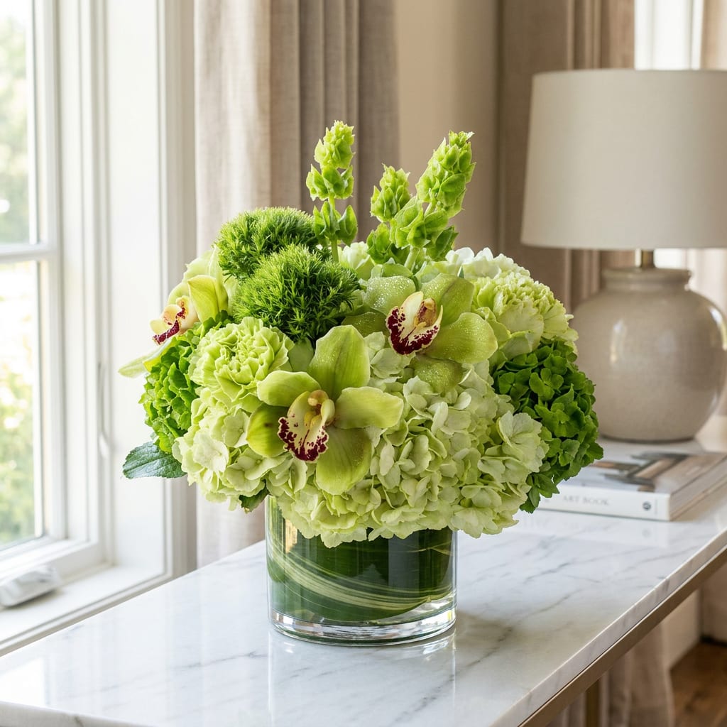 Green floral arrangement in a clear glass vase on a table