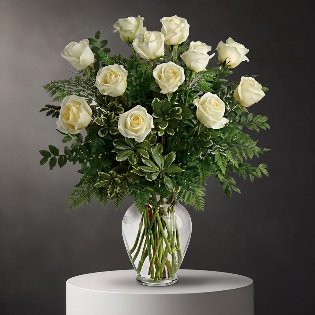 White roses arranged in a clear glass vase with mixed greenery
